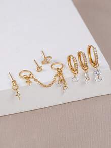 7pcs Cubic Zirconia Star Chain Pendant Exquisite Earring Set, Suitable For Women's Daily Wear, Dating, Party, Gathering Layering And Matching - Yellow Gold - View 6