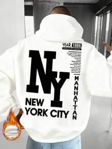 男士秋冬休閒連帽衛衣，印有「NY」縮寫元素，返校風格 - 白色 - 查看 5