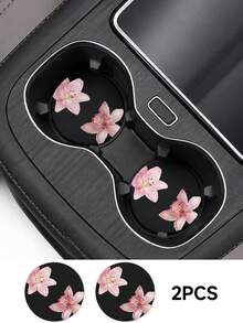 2pcs Set Minimalist Pink Hibiscus Flower Pattern Car Cup Coasters - Non-Slip Leather Material, Round Cup Coaster Design, Easy To Clean, Perfect Accessory For Car Interior - Suitable For Car Owners - Suitable For Daily Use - Great Gift For Car Enthusiasts - Multicolor - View 6