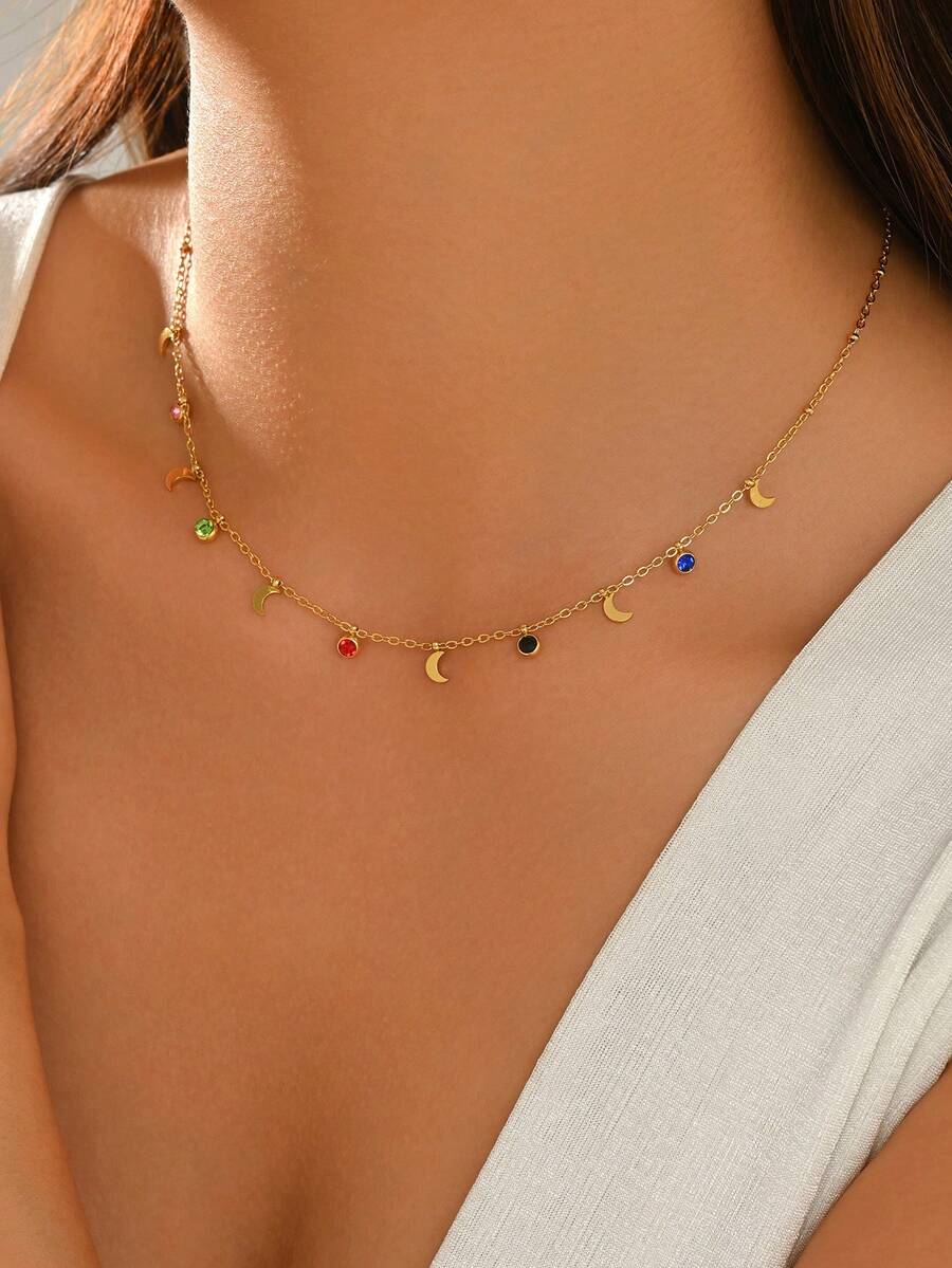 1 Stück modische Edelstahl Mond Anhänger Halskette, 18K vergoldet mit farbigen Zirkonia-Einlagen, minimalistischer vielseitiger Multi-Anhänger Schmuck, geeignet für den täglichen Gebrauch von Frauen, als Geschenk und für den Urlaub - Gold - Übersicht 1