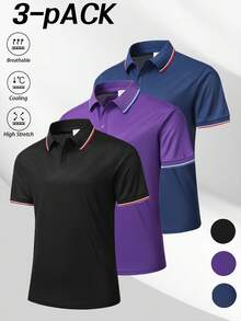 3件組男士運動 Polo 衫，戶外高爾夫，純色，透氣舒適，商務休閒上衣 - 彩色 - 查看 1