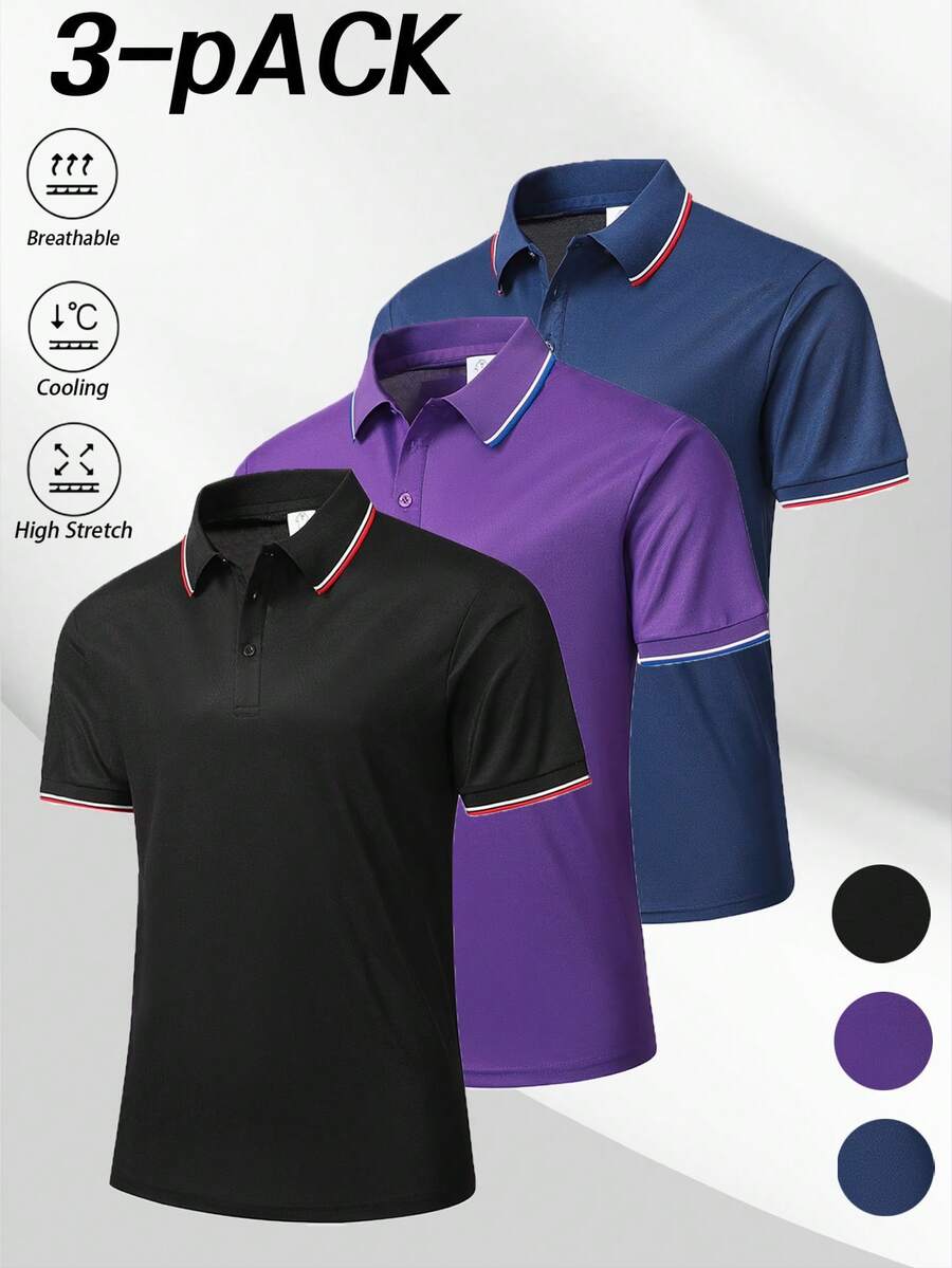 3件組男士運動 Polo 衫,戶外高爾夫,純色,透氣舒適,商務休閒上衣 - 彩色 - 查看 1