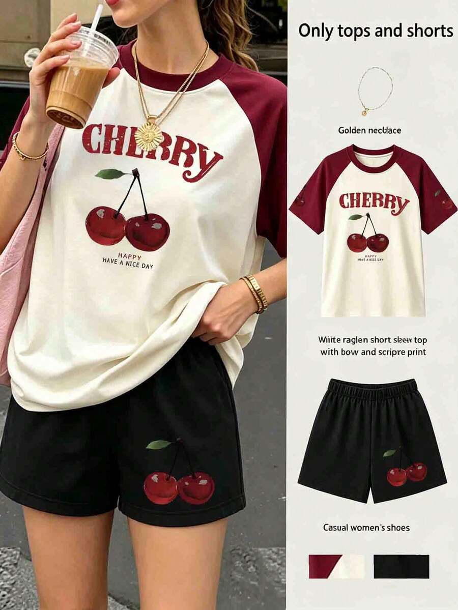 Cherry Letter Print Pattern Colorblock T-Shirt And Shorts Set, Plus Size Women's Summer Casual 2-Piece Outfit Elegant - Multicolor - View 1
