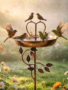 1pc Vintage Iron Bird Bath Feeder, Outdoor Garden Patio Decor, Bronze Heart-Shaped Top With 2 Birds And Leaf Design, Weather-Resistant, Sturdy Ground Stake, Easy Installation And Detachable, Summer Garden Essential, Holiday Decoration And Gift - Multicolor - View 3