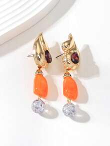 1 Pair Elegant Vintage Bohemian Style Alloy Water Drop Asymmetrical Orange Acrylic Block Pendant Earrings, Suitable For Women's Vacation, Party, Date And Daily Wear - Gold - View 7
