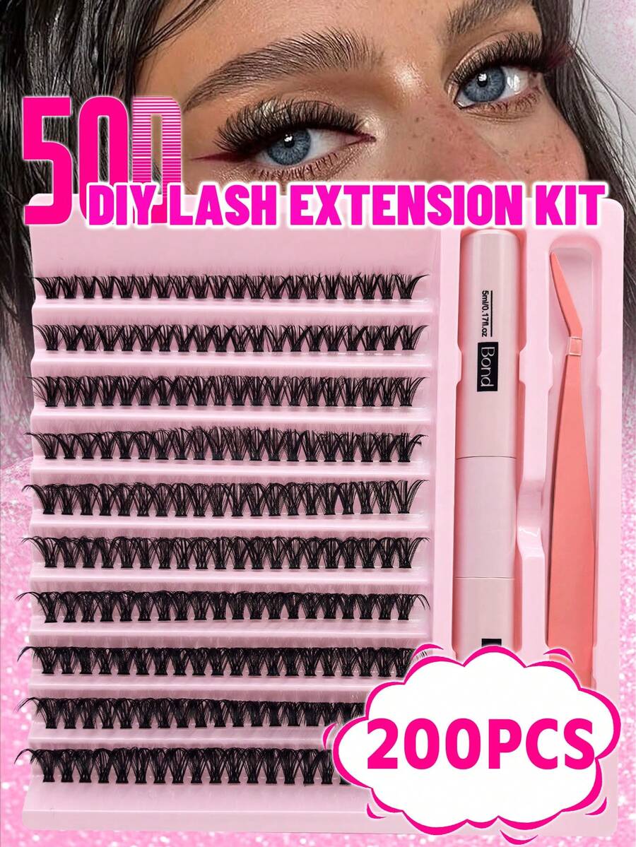 便攜式 200件/200件*2 DIY 假睫毛套組，單簇睫毛套組，D捲度，8-16mm 混合睫毛簇，包含睫毛膠水、密封劑和睫毛接長工具，方便居家使用。女性必備彩妝，打造迷人妝容，適合日常使用、旅行、初學者、婚禮、約會、派對、假期等，也是聖誕節/萬聖節/開學季的絕佳禮物。
