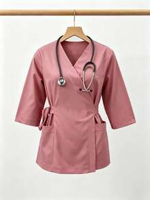Solid Color V-Neck Mid-Sleeve Multi-Pocket Top, Fashionable Commuter Workwear For Women, Elegant And Comfortable Outdoor Top Pink Fall - Pink - View 1