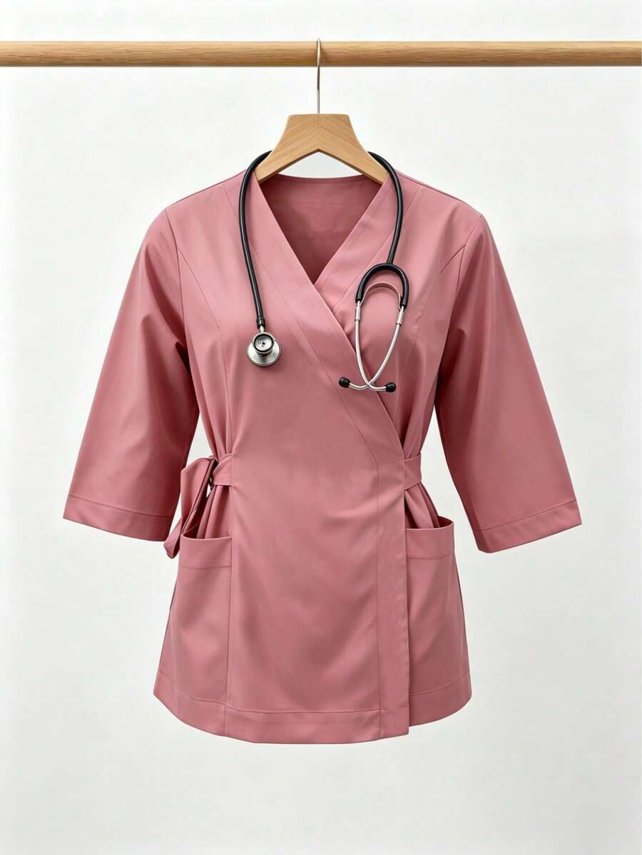 Solid Color V-Neck Mid-Sleeve Multi-Pocket Top, Fashionable Commuter Workwear For Women, Elegant And Comfortable Outdoor Top Pink Fall - Pink - View 1