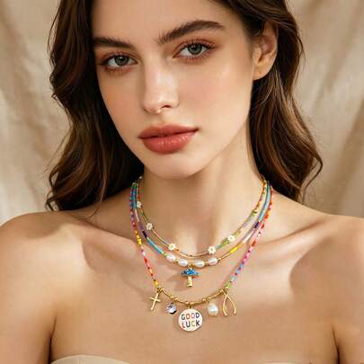 1pc Dopamine Rainbow Seed Bead Layered Choker Women Boho Daisy Mushroom Good Luck Pearl Necklace Summer Y2K Stack Jewelry