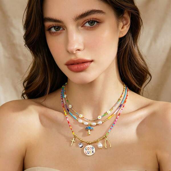 1pc Dopamine Rainbow Seed Bead Layered Choker Women Boho Daisy Mushroom Good Luck Pearl Necklace Summer Y2K Stack Jewelry