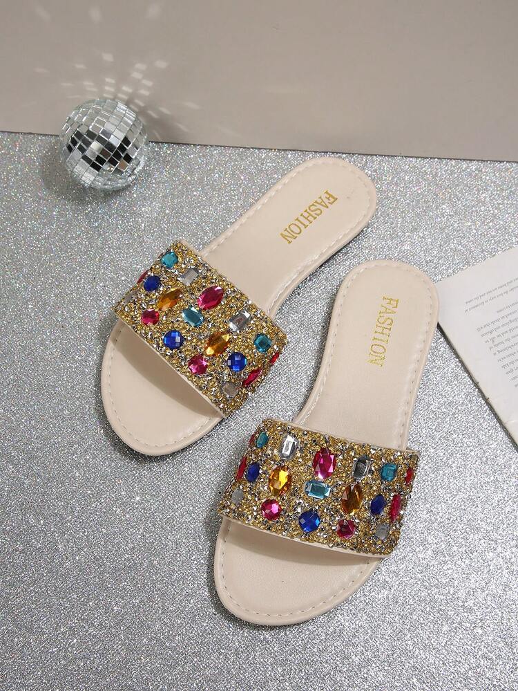 White Base Multicolor Rhinestone Flat Slide Sandals, Wide Strap Full Diamond Outdoor Slippers, Luxury Women Open Toe Slides For Summer Beach Vacation - White - View 7