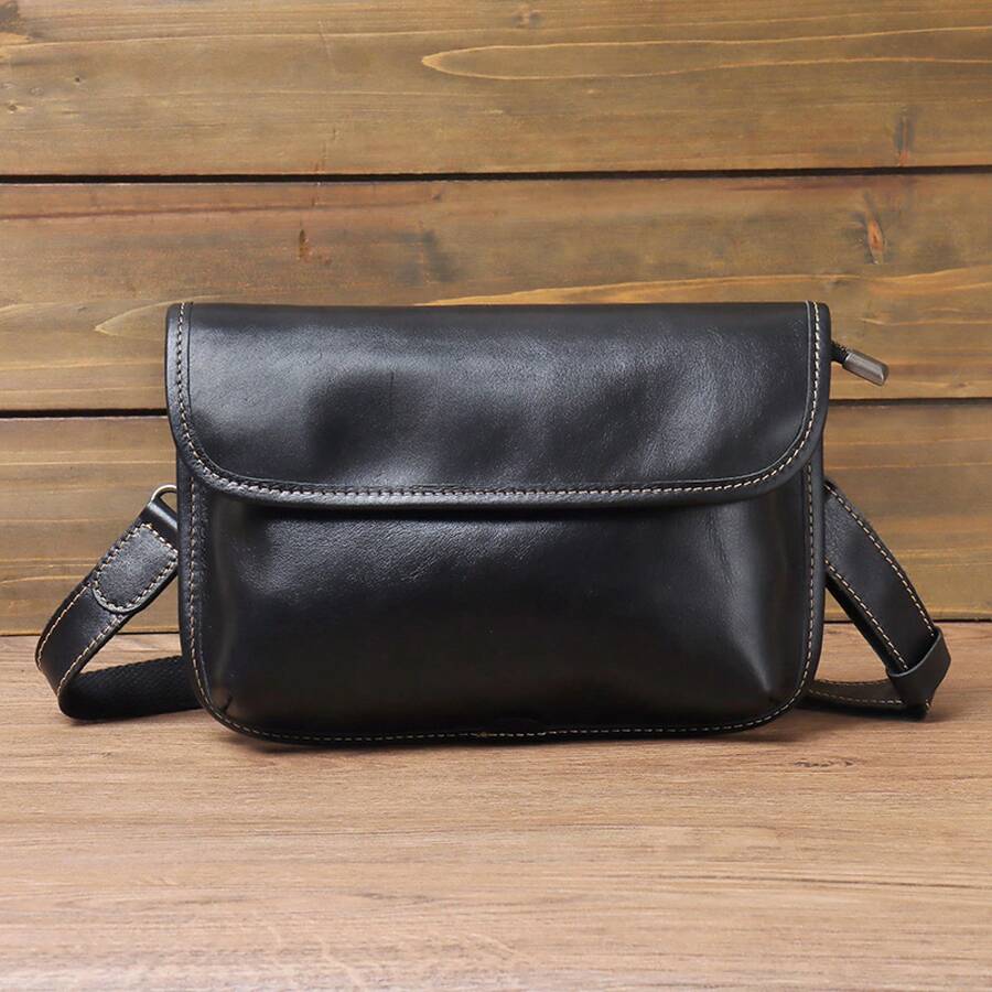 Top-Layer Cowhide Men's Shoulder Bag, Fashionable Casual Tiger Head Bag, Genuine Leather Crossbody Bag, Vegetable-Tanned Leather Men's Bag, - YH8045-2 Black Small Upgrade Version - View 1