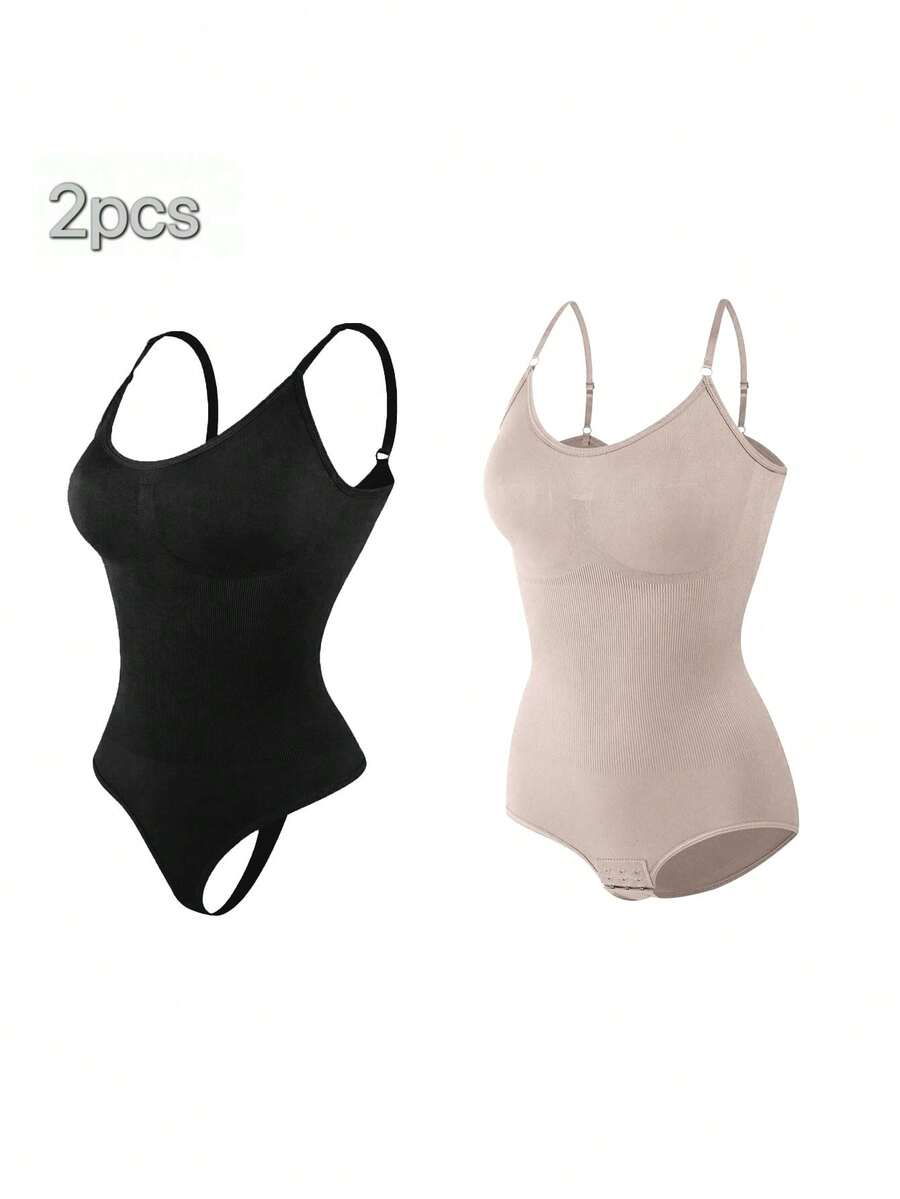 2Pcs High Waist Tummy Control Thong Bodysuit Figure - 黑杏 - 查看 1