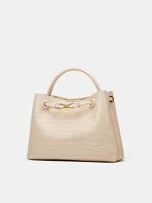 Stone Texture Shoulder Handbag With Metal Rope Buckle, Niche Design Large Capacity Crossbody Bag - Beige - View 7