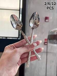 2/6/12pcs Set Patterned Stainless Steel Dessert Spoons, Luxury Coffee Spoons, Multi-Piece Cutlery, Reusable, Suitable For Appetizers, Salads, Fruits, Desserts And Stirring, Suitable For Home, Kitchen, Restaurant, Wedding, Party Tableware, Holiday Gifts - Silver - View 8