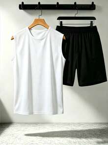 Men's Summer Casual Home Set, Light Gray Solid Color Reflective Strip Night Running Crew Neck Sleeveless Tank Top With Zipper Pocket Shorts 2-Piece Set, Fitness Casual Sports Outfit - White - View 3