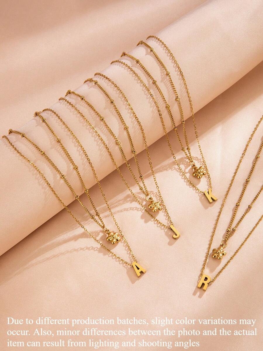 2pcs/Set Elegant Stainless Steel Golden Tiny Flower 26 Alphabet Pendant Necklace Set Personalized Name Initial Layered Jewelry For Women Daily Gift - Multicolor - View 1