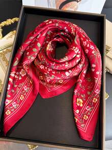1pc Vintage Women's Floral Print Faux Silk Square Scarf, Handbag Scarf, Neck Scarf, Headscarf, Suitable For Beach, Street, Daily, Vacation, Business, Fashion Decoration Ribbon - Burgundy - View 3
