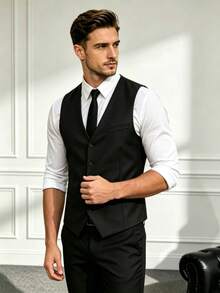 Men's Slim Fit V-Neck Vest With Pockets, Men's Casual Suit Vest, Men's Sleeveless Waistcoat - Black - View 1