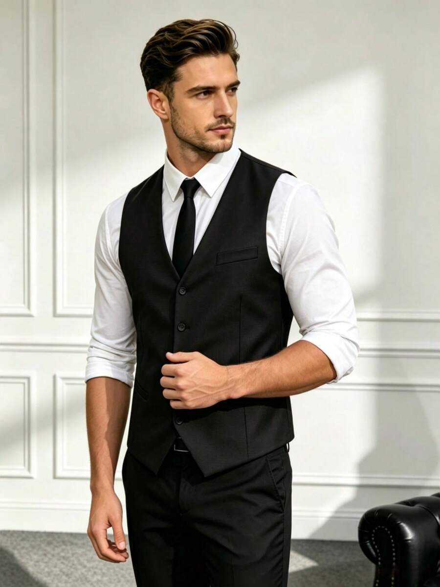 Men's Slim Fit V-Neck Vest With Pockets, Men's Casual Suit Vest, Men's Sleeveless Waistcoat - Black - View 1