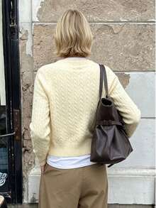 Women's Round Neck Loose Knit Sweater Button Front Long Sleeve Minimalist Vintage Versatile Cardigan For Autumn/Winter - Yellow - View 4