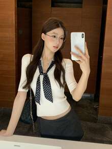 女款 V 領 2 合 1 修身波點蝴蝶結短袖針織上衣，夏季 - 白色 - 查看 4