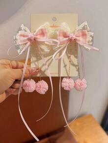 2pcs Girls Exquisite Premium Fabric Plaid Bow Chain Tassel Ribbon Hair Clips, Gift For Back To School, Daily Wear - Pink - View 5