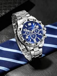 2pcs/Set Men's Silver Luxury Watch Set, Blue Dial With Digital Scale Three-Eye Silver Watch, Paired With Stainless Steel Band And Black Silicone Strap, Bold And Elegant Men's Accessory, Fresh For Summer, Suitable For Valentine's Day, Birthday, Father's Day As Luxury Gift For Boyfriend, Son - Multicolor - View 3