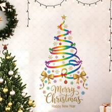 1pc Rainbow Ribbon Christmas Tree Shape Wall Sticker With Ornaments Holiday Text Swirling Bows Snowflakes Hanging Baubles Gold Greeting Lettering For Living Room Self-Adhesive Matte Finish Easy Peel & Stick Removable Fun Style Festive Design - A - View 5