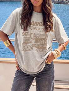Retro American Street Collage Style Graphic Women Short Sleeve T-Shirt, Casual Loose Fit, Summer - Light Grey - View 4