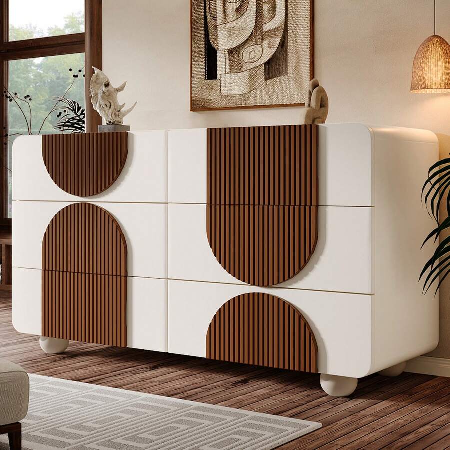 Sideboard With 6 Drawers, Elegant Curved Design White And Walnut Wood - Putih - View 1