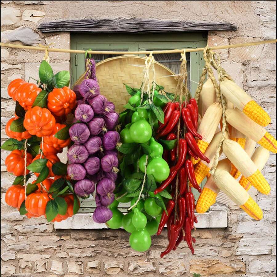 Artificial Vegetable & Fruit Crop Hanging Garland, Realistic Ginger, Corn, Sweet Potato, Red & Green Chili, Garlic, Peanut, Potato Assortment, Customizable Farm Harvest Scene Decor, Halloween & Autumn Home Decoration Props - Multicolor - View 1