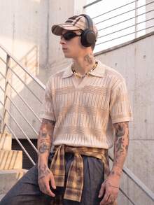 BLACKTOEXIT Men's Polo Shirt, Collared Short Sleeve Knitted Old Money American Style Striped Knit Top, Spring/Summer - Apricot - View 2