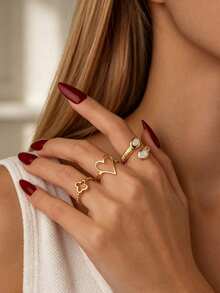 3pcs/Set Rantai Stainless Steel 14K Bentuk Hati & Manik-Manik Daun Semanggi, Cincin Terbuka, Cocok untuk Pemakaian Sehari-hari Wanita, Hadiah Hari Ibu - Emas - View 2