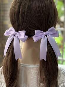 2pcs Girls Minimalist Versatile School Style Solid Color Bow Ribbon Ponytail Hair Clips, Suitable For Daily Wear And Back To School Season - 蝴蝶結髮夾 - 查看 7