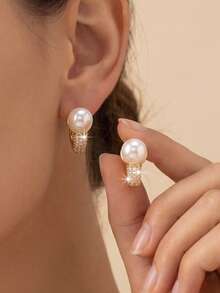 1 Pair/Gold & Silver Dual Color/Luxury Full Rhinestone & Pearl Ear Clips, Small Water Drop Pearl Hoop Earrings, Suitable For Commute, Versatile, Party, Evening Event Women's Accessories - Multicolor - View 5
