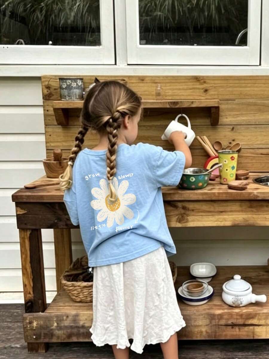 Baby Girls' Minimalist Doodle Daisy Print Round Neck Short Sleeve Cute Top - Baby Blue - View 1