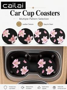 2pcs Set Minimalist Pink Hibiscus Flower Pattern Car Cup Coasters - Non-Slip Leather Material, Round Cup Coaster Design, Easy To Clean, Perfect Accessory For Car Interior - Suitable For Car Owners - Suitable For Daily Use - Great Gift For Car Enthusiasts - Multicolor - View 1