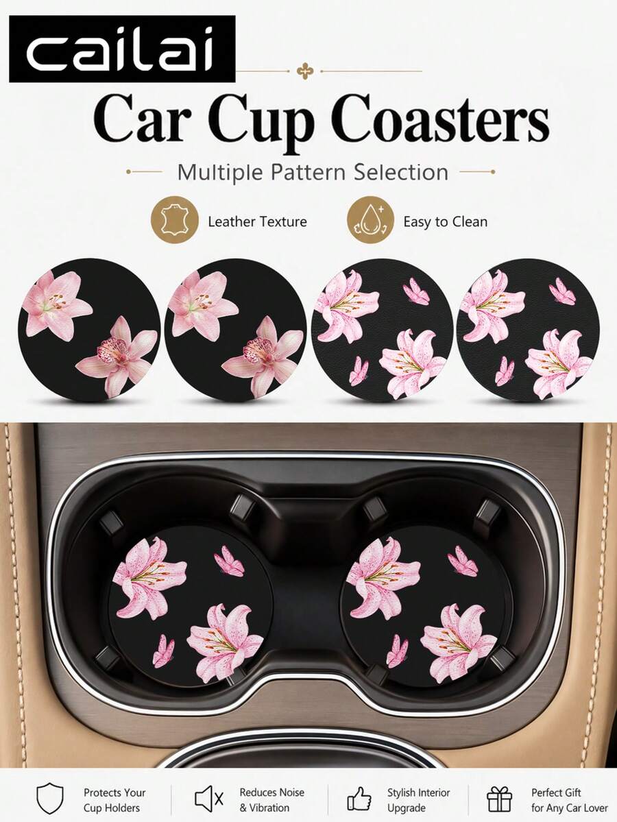 2pcs Set Minimalist Pink Hibiscus Flower Pattern Car Cup Coasters - Non-Slip Leather Material, Round Cup Coaster Design, Easy To Clean, Perfect Accessory For Car Interior - Suitable For Car Owners - Suitable For Daily Use - Great Gift For Car Enthusiasts - Multicolor - View 1
