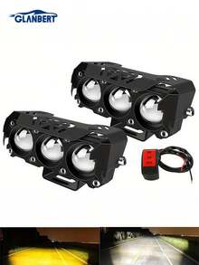 2pcs Motorcycle LED Spotlight Conversion Headlight Dual Color High/Low Beam Car Work Light Triple Lens Bright Yellow & White LED Spotlight - 黑色 - 查看 11