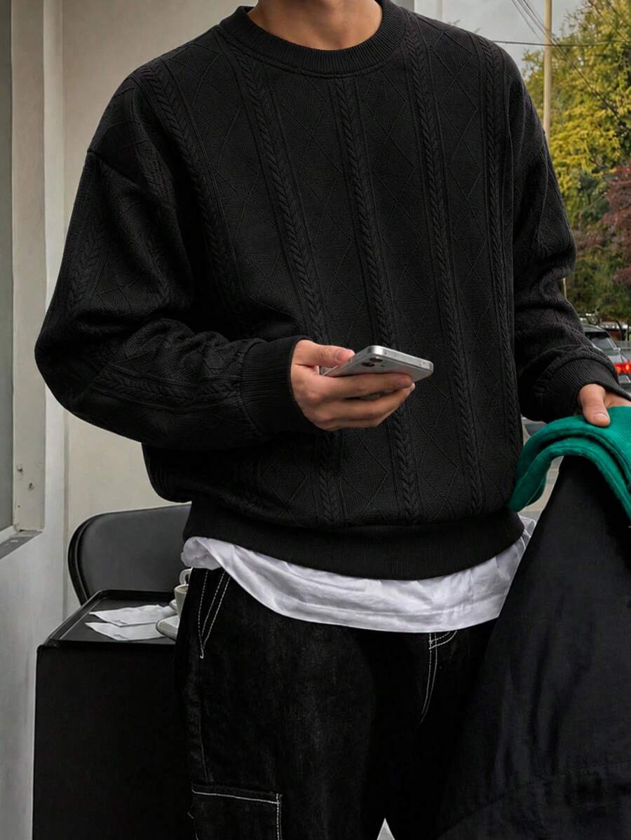 Men's Minimalist Jacquard Textured Loose Round Neck Casual Sweatshirt, Versatile - Black - View 1