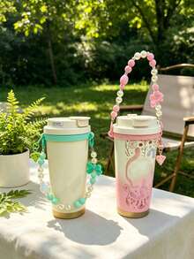 Bow Pearl Beaded Water Bottle Strap Lanyard, Colorful Bead Handheld Cup Chain With Silicone Buckle, Portable Tumbler Cup Handle Accessory, Assorted Macaron Color Choices - Multicolor - View 8