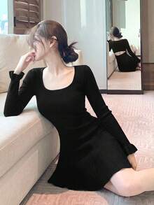 2026 Hot Girl Style Backless Knit Dress, Elastic Knit Fabric Slimming Dress For Women 18-35 Years Old Fall - Black - View 1