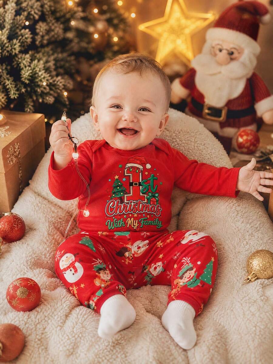 My First Christmas Theme Red Baby Long Sleeve Bodysuit & Pants 2 Pieces Set, Christmas Tree Snowman Reindeer All-Over Print Separates - Multicolor - View 1