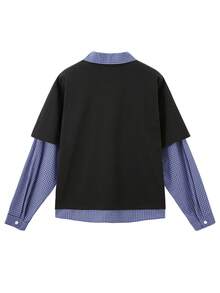 INFLATION Men's New 2-In-1 Long Sleeve T-Shirt, Miu-Style College Style Colorblock Polo Top - Black - View 4