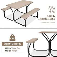 All Weather Faux Wood Patio Picnic Table Set With Benches, Plastic Picnic Table For Outdoors, Cafeteria And Commercial Use, Brown - Multicolor - View 5