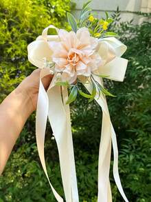 Multi-Colored Wedding Car Decoration, Featuring Simulated Broken Peony Bowknots Paired With Long Satin Ribbons, Elegant Rearview Mirror Floral Decorations, And Wedding Ceremony Supplies - 1PC - View 8