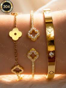 ZCNC Znice Fashion Stainless Steel + Copper 18K Gold Plated Women's Flower Rhinestone Bracelet & Bracelet Set, Lucky Four-Leaf Clover Open Cuff Bracelet Combination, Suitable For Women's Daily Wear, Holiday Gift, Fashion Women's Bracelet Set - Gold - View 8