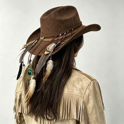 1pc Bohemian Artificial Feather Headband, Hippie Peacock Feather Braided Leather Cord Hair Hoop, Wooden Bead Adjustable Size Vintage Western Cowboy Hat Band, Festival Party Unisex Accessory