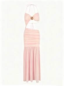女款純色金屬裝飾鏤空百褶性感度假罩衫掛脖洋裝 - 粉色 - 查看 5